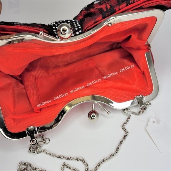 Red Satin Glitter Evening Purse With Large Bow Accent - Picture 3 of 13